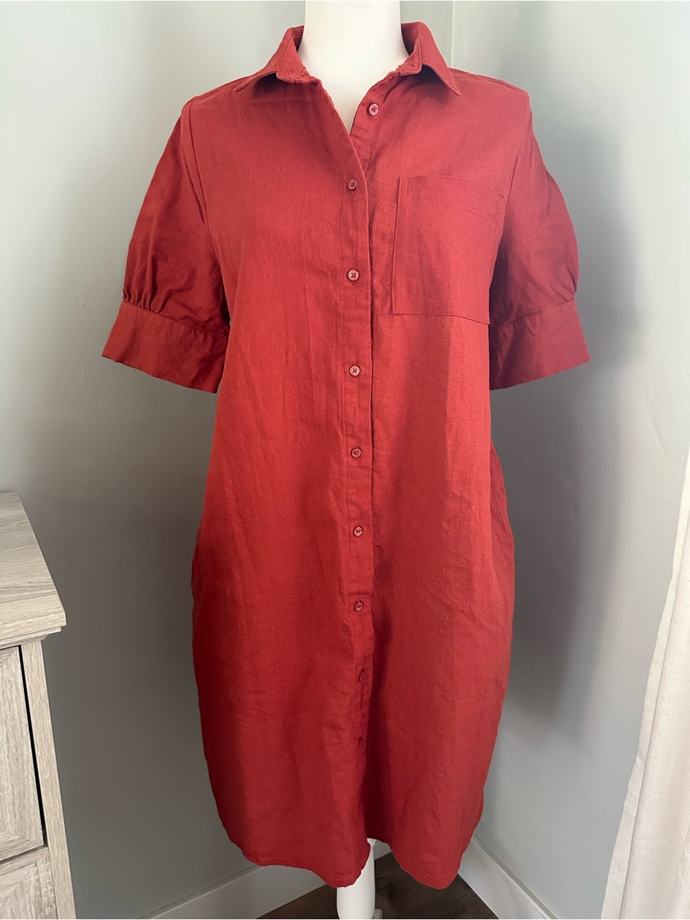 Old Navy Shirt Dress, Linen Blend, Rust Red Orange, Button Down, M Tall, FLAW